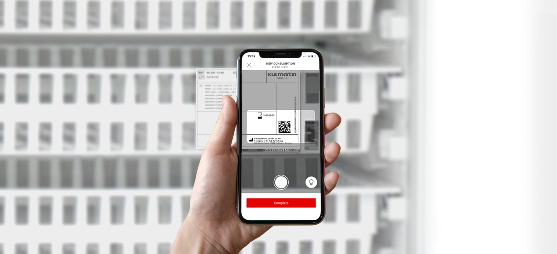 Hand with smartphone scans DataMatrix code from shelf with surgical equipment